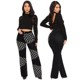 Denim Plaid Contrast Color Straight Jeans